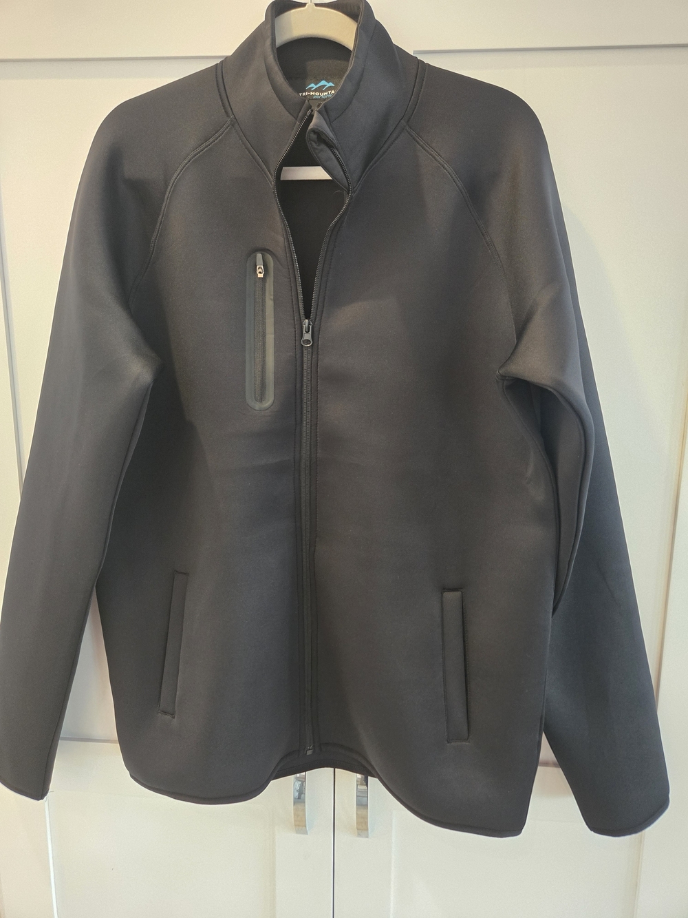 Lightweight Black Tri-mountain Zip-Front Jacket In Scuba-type Fabric.